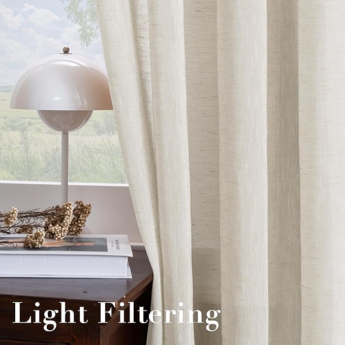 H.VERSAILTEX Linen Curtains Nickel Grommet Natural Linen Semi-Sheer Curtains 2 Panels Privacy Added Premium Soft Rich Material Drapes for Bedroom/Living Room - 37x84 Inch- Natural