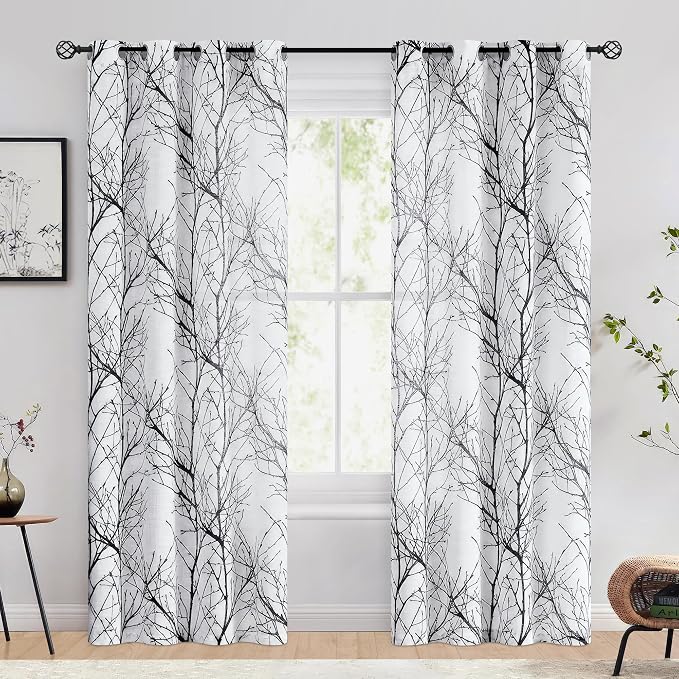 FMFUNCTEX Linen Semi Sheer Curtains for Bedroom, Black White Curtains 84 Inches Long for Living Room, Grey Tree Branch Patterned Curtain Light Filtering Farmhouse Window Drapes, Grommet Top 2 Panels