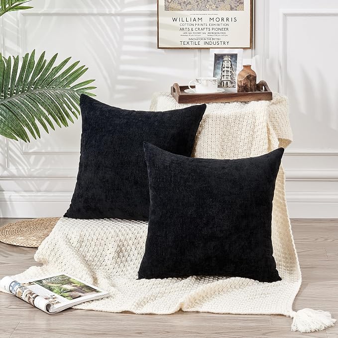 GAWAMAY Decorative Chenille Throw Pillow Covers 24x24 Inch Pack of 2, Soft Square Couch Pillow Cover for Sofa Cushion Living Room Bedroom Solid Dyed Pillowcases Black 60x60cm (ONLY Covers)