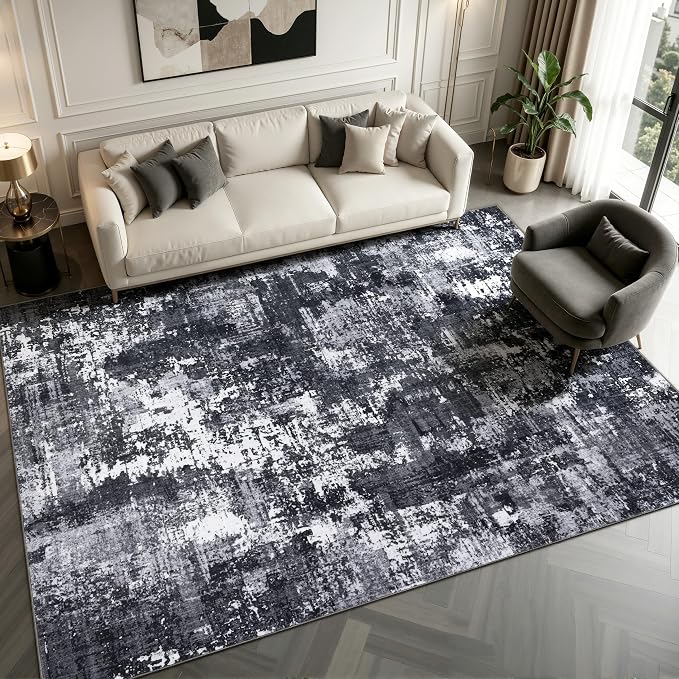 Sasttie 9x12 Soft Area Rug for Living Room, Modern Abstract Washable Large Carpet for Bedroom, with Non-Slip Backing, Black and White