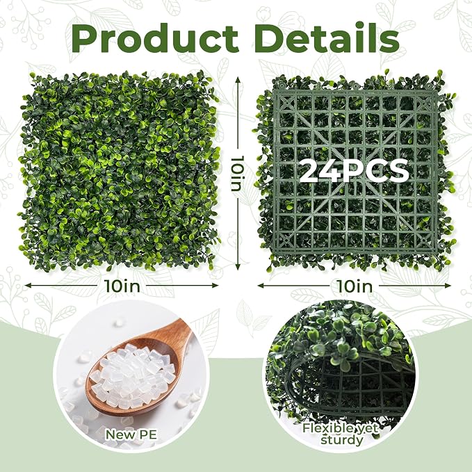 Artificial 10"x10" (24 Pieces) Boxwood Grass Wall Panels Screen | UV-Anti Faux Green Leaf Privacy Fence, Garden/Backyard/Patio/Balcony/Party Greenery Hedge Backdrop, Indoor Outdoor Decor