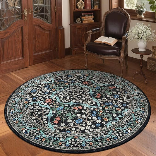 GarveeHome Black Floral 4 ft Round Rug Washable Non-Slip Soft Low Pile Small Circle Carpet Vintage Rugs for Kitchen Bedroom Nursery Dining Living Room