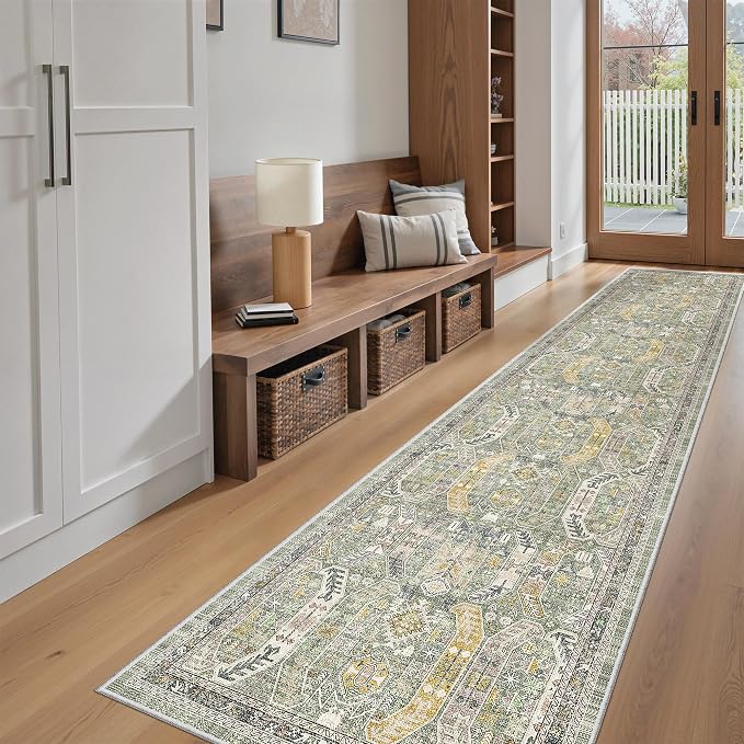 Madane Washable Runner Rugs 2x10 Long for Hallway Kitchen, Green/Gold | Non-Slip Low-Pile 10ft Rug Runners Soft, Stain-Resistant Floor Carpet Mat for Entrance, Living Dining Laundry Room
