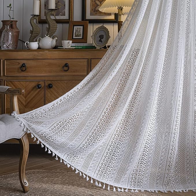 Sutuo Home White Crochet Boho Curtains 72 Inches Length, Sheer Lace Handmade Tassels Knitted Window Treatment Vintage Rustic Bohemian Farmhouse Drape for Bedroom Rod Pocket 1 Panel 59" W x 72" L
