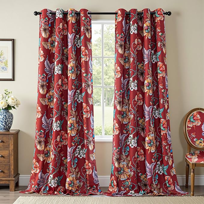 MYSKY HOME 95% Floral Blackout Curtains 95 inches Long Black Out Thermal Insulated Privacy Protect Vintage Spring Flower Print Room Darkening for Living Dining Room, 2 Panels, 52" x 95", Terracotta