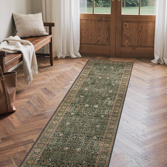 Bavni 2x10 Rug Runners for Hallways, Washable Runner Rug Non Slip,Vintage Floral Print Style Rugs for Bedroom-Lightweight Low Pile Carpet for Hallways Bathroom, Green/Multi