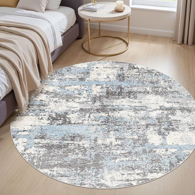 5ft Round Area Rugs for Living Room: 5x5 Abstract Washable Rug Modern Large Soft Stain Resistant Non-Slip Backing Machine Table for Bedroom Dining Room Indoor Home Office Carpet - Blue Grey
