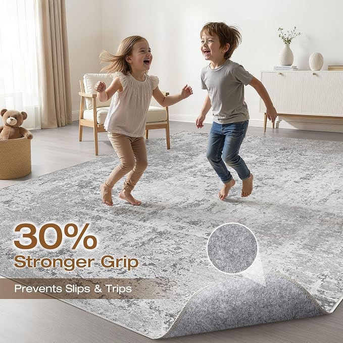7x9 Area Rug Living Room: Washable Large Neutral Rug Abstract Soft Modern Stain Resistant Indoor Floor Non-Slip Carpet for Bedroom Nursery Kids Office Playroom Dining Room Under Table- Light Gray