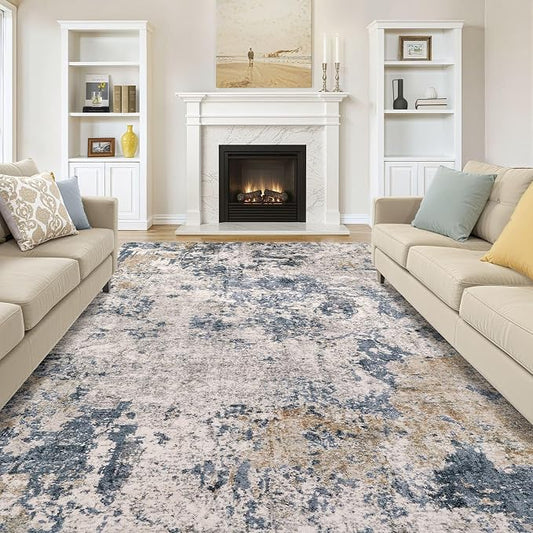 Area Rugs for Living Room: 12x15 Abstract Washable Rug Modern Neutral Large Soft Stain Resistant Non-Slip Backing Machine Table for Bedroom Dining Room Indoor Home Office Carpet - Blue Brown
