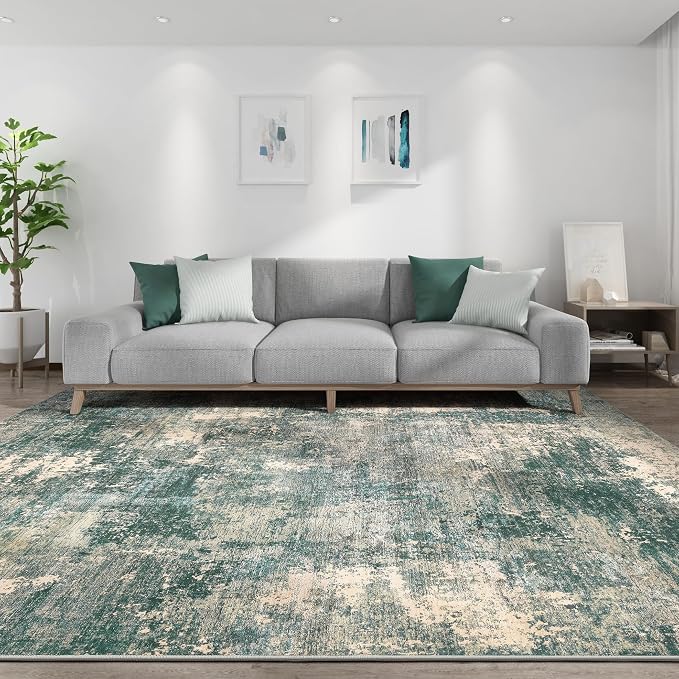 Abstract 10x14 Area Rug: Machine Washable Non Slip Ultra Thin Low-Pile Carpet, Soft Stain Resistant for Living Dining Room Bedroom, Kid Pet Friendly, Robot Vacuum Compatible - Dark Green/Beige