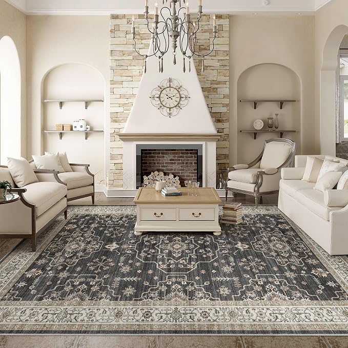 Area Rug for Living Room - 9x12 Soft Washable Oriental Vintage Floral Distressed Large Carpet - Fade Stain Resistant Non Slip Rugs for Bedroom Dining Room Nursery Dorm Office Home Decor - Black