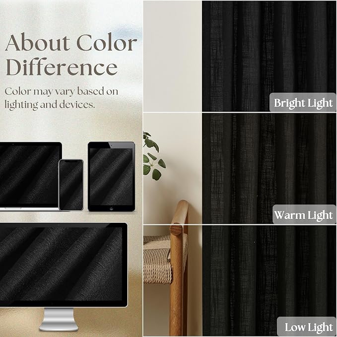 TWODRAPES Black Linen Semi Sheer Curtains 90 Inches Long for Living Room Bedroom Light Filtering Black Textured Burlap Pinch Pleated Curtains 90 Length Hooks Rings Back Tab for Sliding Door 2 Panels