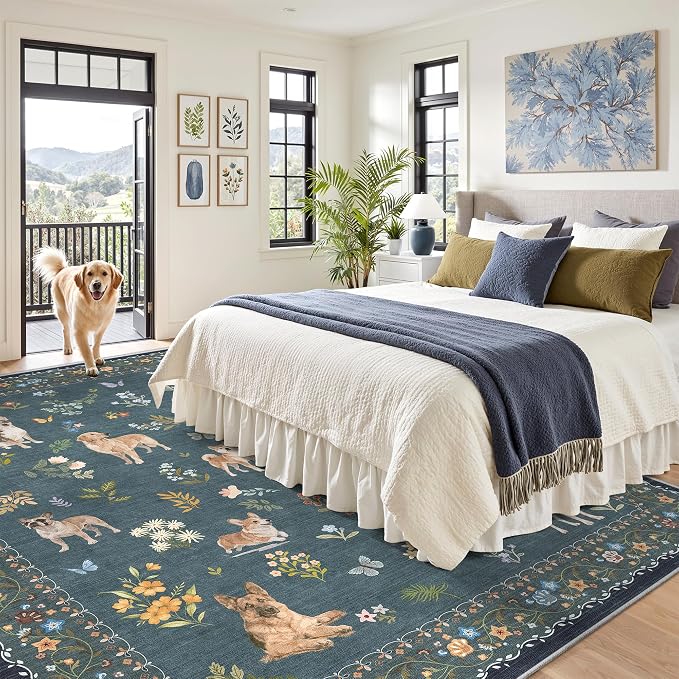 Soalmost Dog 9x12 Area Rugs for Living Room, Machine Washable Animal Floral Vintage Rug Non-Slip Low Pile Soft Throw Large Rugs for Classroom Bedroom Dining Room Nursery Playroom (9 x 12,Navy Blue)