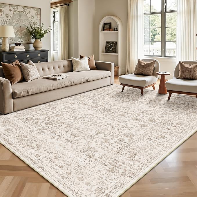 5x7 Area Rugs, Washable Vintage Retro Floral Rug for Living Room, Low Pile Non Slip Distressed Large Carpet for Bedroom, Dining Room, Office, Home (Light Brown)
