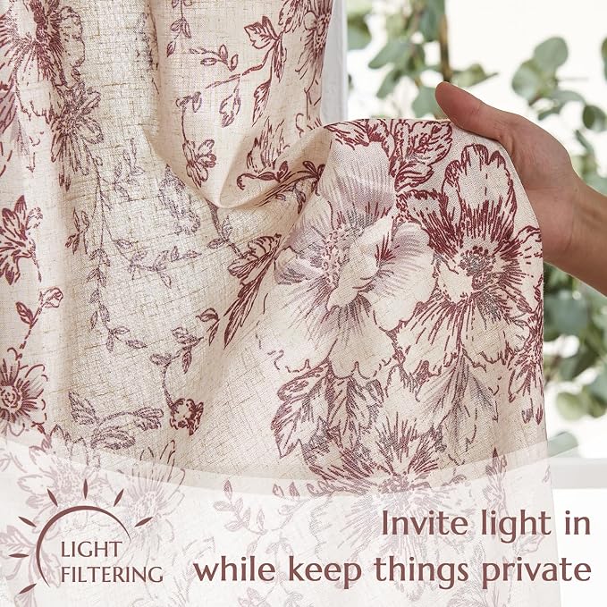 jinchan Linen Floral Tier Curtains 36 Inch Farmhouse Botanic Cafe Curtains Light Filtering Drapes for Small Windows Back Tab Half Window for Kitchen Living Room Bathroom 2 Panels Red