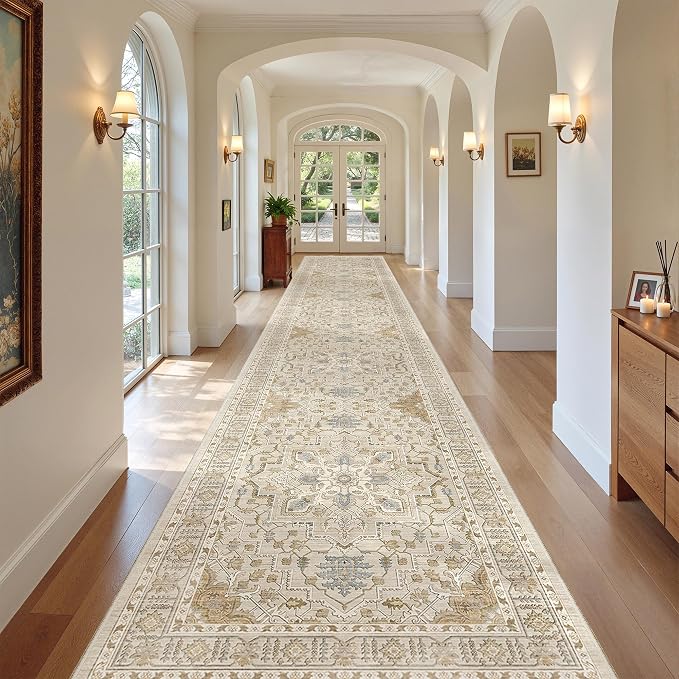 Madane 3x20 Hallway Runner Rug - Extra Long Carpet Runners for Hallways 20ft Non Slip Stain Resistant Rugs Runner for Living Room Bedroom 20 Feet Distressed Floor Carpet for Kitchen, Beige/Blue