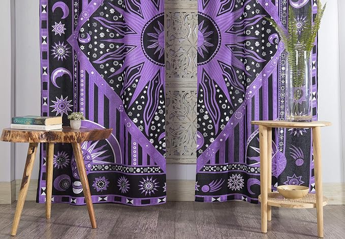 Popular Handicrafts Indian Burning Sun Hippie Mandala Window Curtains - Gypsy Bohemian Sun Moon Beautiful Drapery Bedroom Living Room Balcony Valance Panels Purple