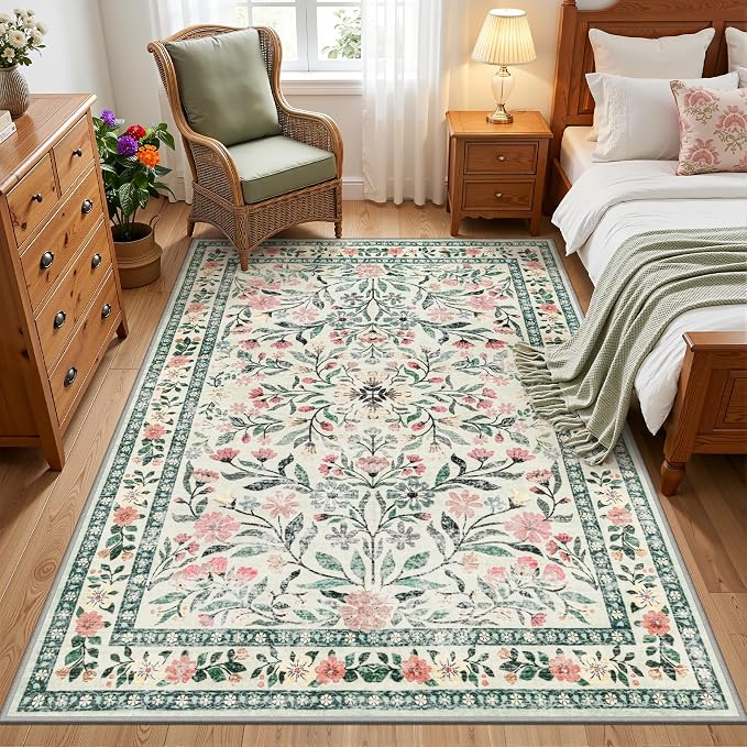 Area Rug Living Room Rugs: Floral 3x5 Washable Rug Vintage Soft Boho Non-Slip Carpet Indoor Floor Stain Resistant Large Carpets for Bedroom Dining Room Farmhouse Nursery Hallway Green/Beige