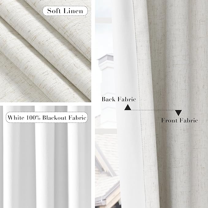 Joywell 100% Blackout Extra Long Line Curtains 128 Inch for Bedroom High Window 2 Panel Natural Black Out Curtain Back Tab Noise Cancelling Drapes Floor to Ceiling Cream Ivory 52 x 128