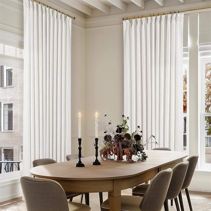 TWODRAPES Extra Wide Linen Curtains 102 Inches Long 70 Inch Wide for Living Room Bedroom Light Filtering Beige Off White Pinch Pleated Curtains Hooks Rings Back Tab for Sliding Door 1 Panel 70Wx102L