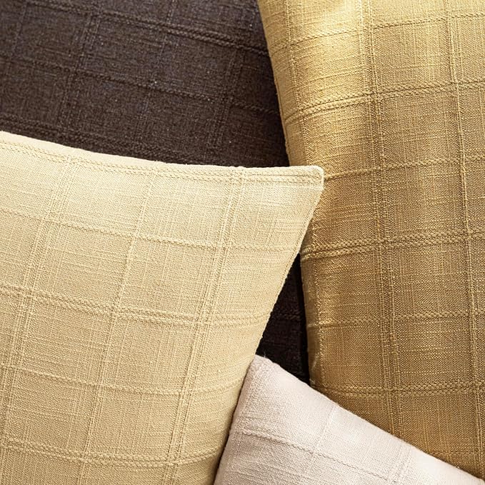 Foindtower Set of 2 Decorative Linen Check Throw Pillow Covers Neutral Farmhouse Lumbar Cushion Covers Modern Boho Accent Home Decor for Sofa Chair Couch Bedroom Living Room,12×20 Inch,Light Yellow