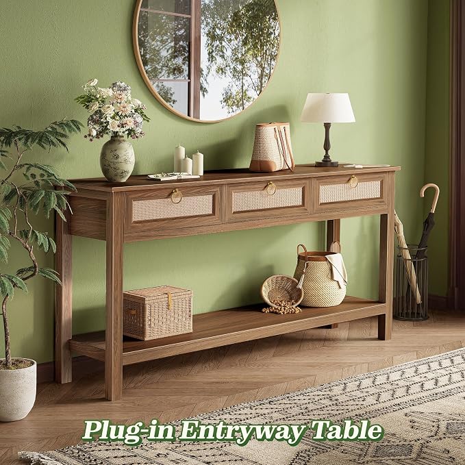 SUPERJARE Rattan Console Sofa Table with Outlets and USB-C Port, 3 Drawer Entryway Table with Synthetic Rattan Surface, 53.9 Inch, Open Shelf, Behind Couch Entry Foyer Hallway Storage, Brown