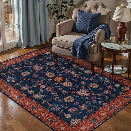 Tangsoo 3x4 Washable Rugs for Entryway Non Slip,Boho Distressed Vintage Blue Red Floral Throw Rugs Entry Rug for Bedroom,Soft Low Pile Floor Carpet Indoor Mat for Entrance Bedside Kitchen Office