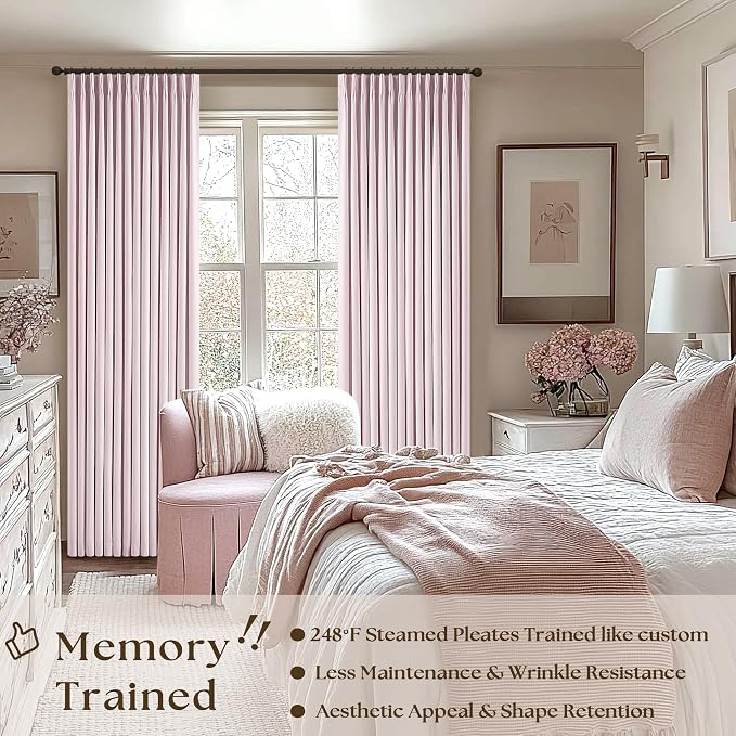 Light Pink Linen 63 Inch Length Blackout Curtains Pinch Pleated Drapes Back Tab 100% Black Out Short Room Darkening Pinch Pleat Curtains with Hooks Rings for Small Girls Bedroom Nursery Blush
