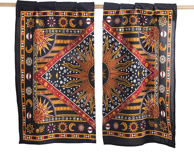 Popular Handicrafts Indian Burning Sun Hippie Mandala Kitchen Window Curtains - Gypsy Bohemian Sun Moon Beautiful Drapery Bedroom Living Room Balcony Valance Panels Golden