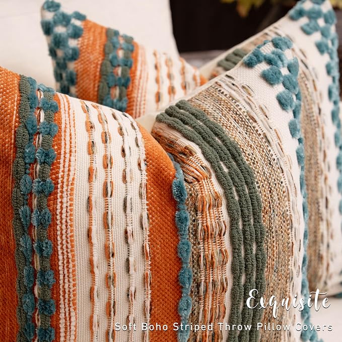 Boho Chenille Tufted Throw Pillow Covers 18x18 Inch Set of 2 Farmhouse Rust Teal Woven Striped Decorative Pillowcases for Couch Sofa Bed