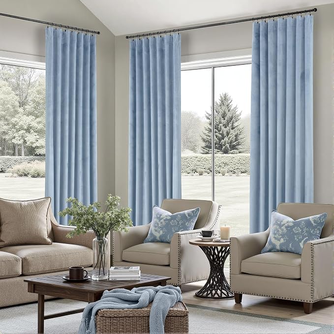 Dusty Blue Velvet Drapes for Baby Boy Bedroom 96 Inches Long 2 Panel Thermal Insulated Light Blocking Floor Length Slate Stone Blue Velvet Curtains for Modern Home Decor Back Tab Pocket Greyish Blue