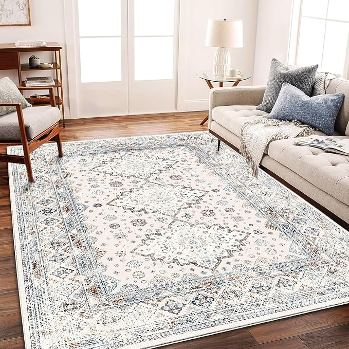CHAMPLANT Washable Area Rug 10x14 Retro Flowers Boho Design Non-Shedding Easy Care Ideal for High Traffic Areas in Living Room Bedroom Office Coffee Table Kitchen Large Carpet