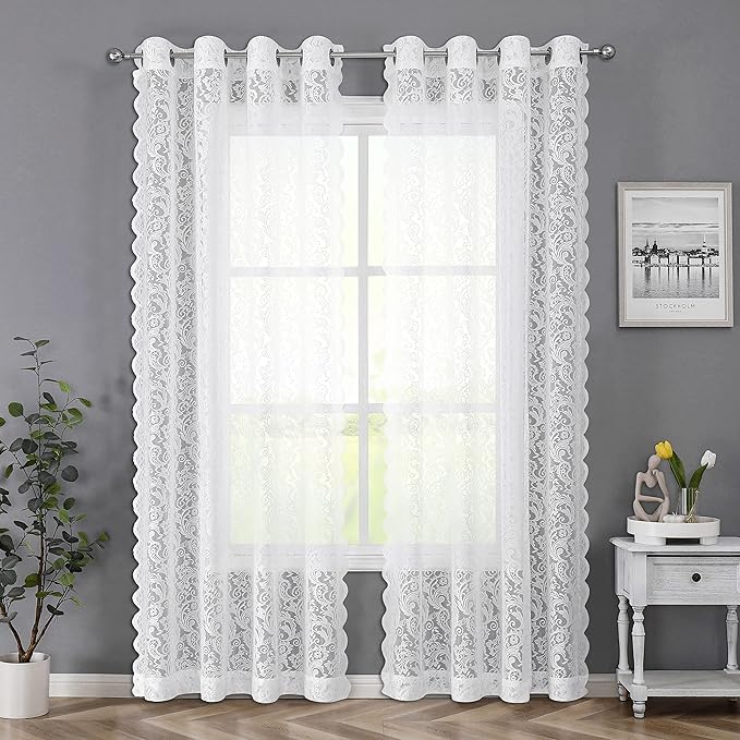 Bujasso White Lace Sheer Curtains 84 inch Vintage Floral Sheer Window Curtain Panels for Living Room Bedroom Light Filtering White Drapes Window Treatment Sets Rod Pocket 2 Panels 54" Wx84 L
