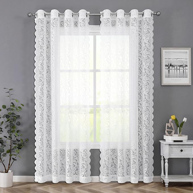 Bujasso White Lace Sheer Curtains Vintage Floral Sheer Curtain Panels 95 inch for Living Room Bedroom Elegant Light Filtering White Drapes Window Treatment Sets Grommet Top 2 Panels 54" Wx95 L