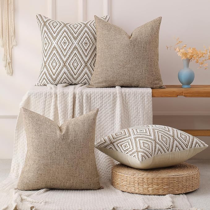 HPUK Throw Pillow Covers 18x18 Inch Set of 4, Linen Decorative Pillow Covers, Accent Cushion Covers for Couch Sofa Bed Bedroom Living Room Décor, Light Brown
