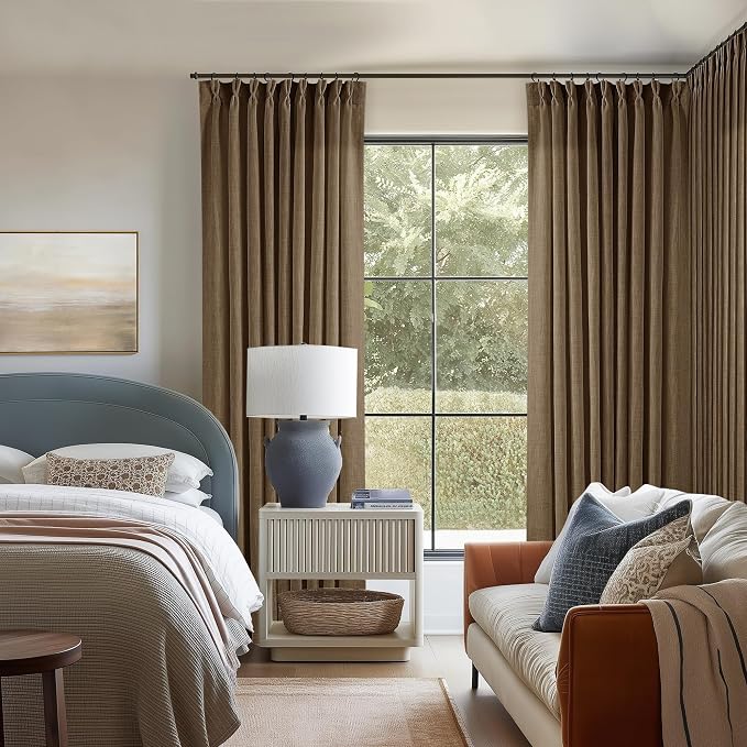 TWODRAPES 60 Inch Width Curtains 92 Inches Long Linen Pinch Pleated Curtains for Living Room Bedroom Semi Sheer Back Tab Hooks Rings Extra Wide Pinch Pleat Drapes for Patio Glass Dutch Cocoa 1 Panel