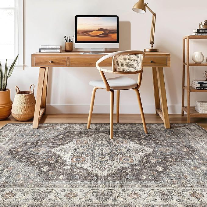 10x13 Area Rug Living Room: Washable Boho Large Neutral Vintage Soft Rug Stain Resistant Farmhouse Non-Slip Indoor Floor Carpet for Bedroom Nursery Kids Office Dining Room Playroom- Grey Brown