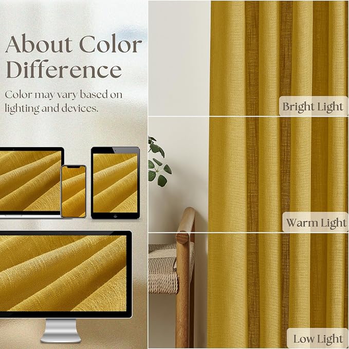 Pleated Linen Curtains 96 Inches Long for Living Room 2 Panel Set Semi Sheer Light Filtering Pinch Pleat with Rings Hooks Drapes Spring Farmhouse Rustic Mustard Yellow Gold Curtain Bedroom Window
