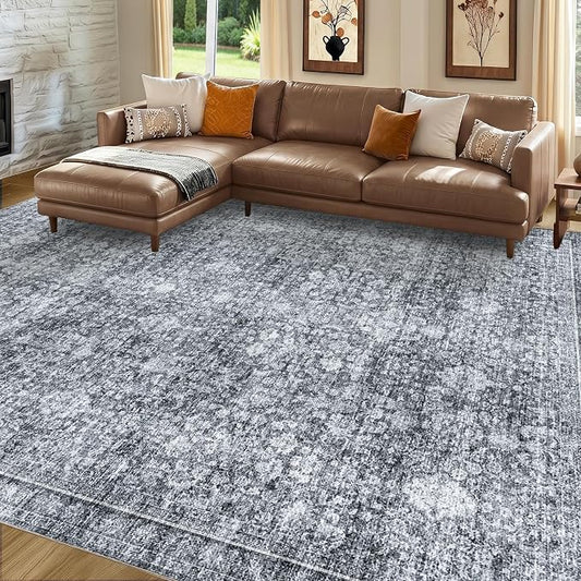 Sasttie 8x10 Area Rugs, Ultra-Soft Washable Rug, Low Pile Foldable Thin Carpets with Non-Slip Backing, Skin-Friendly Stain Resistant Carpet for Living Room, Bedroom, Kitchen, Dorm, 8x10, Black Grey