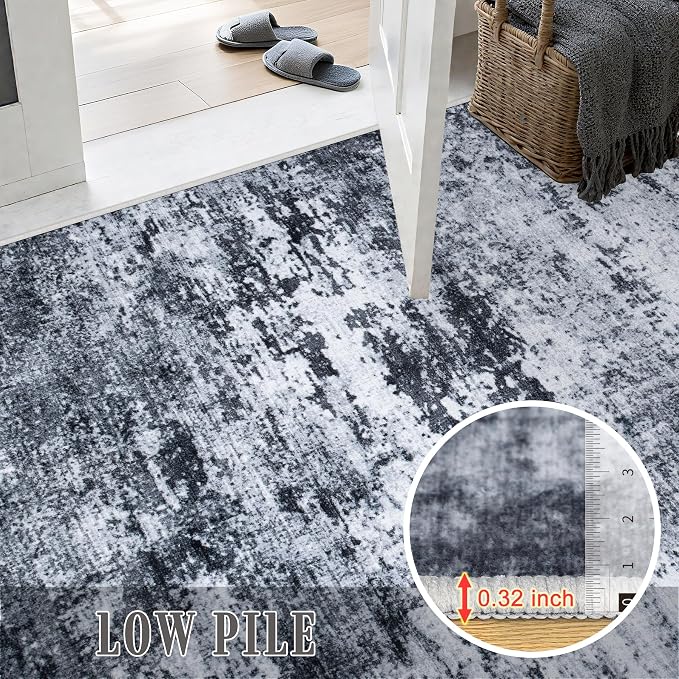 4x6 Area Rug Living Room Rug: Washable Modern Abstract Soft Thin Rug Indoor Floor No Slip Stain Resistant Carpet for Bedroom Dining Room Farmhouse Nursery Home Office - Black