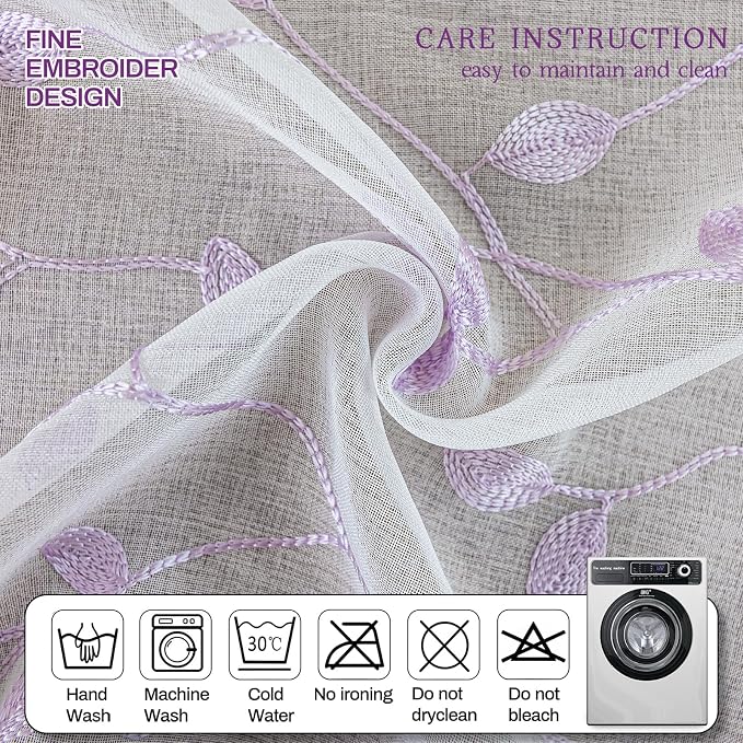 AmHoo 2 Panels Embroidered Leaf Pattern Semi Sheer Curtains Foliage Floral Voile Window Draperies Treatment for Bedroom Living Room Rod Pocket White Lavender Purple 53 x 63 Inch