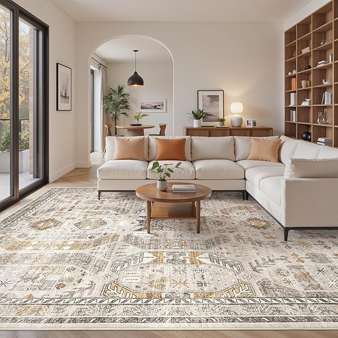 befbee Washable Rug 8x10 Area Rugs for Living Room - Stain Resistant Non-Slip Backing Rugs for Bedroom,Ultra-Thin Vintage Large Area Rug (Brown/Gold, 8'x10')