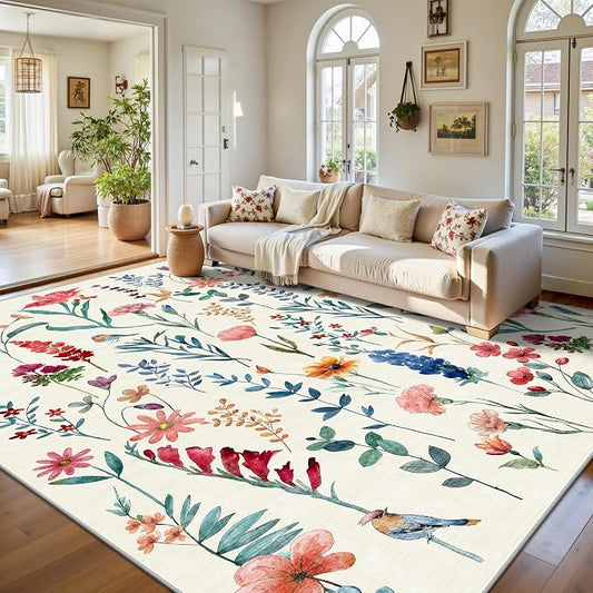 8x10 Area Rugs, Machine Washable Low Pile Floral Rugs for Living Room, Bedroom, Large Area Rug with Non-Slip Backing for Dining Room(Beige Floral)