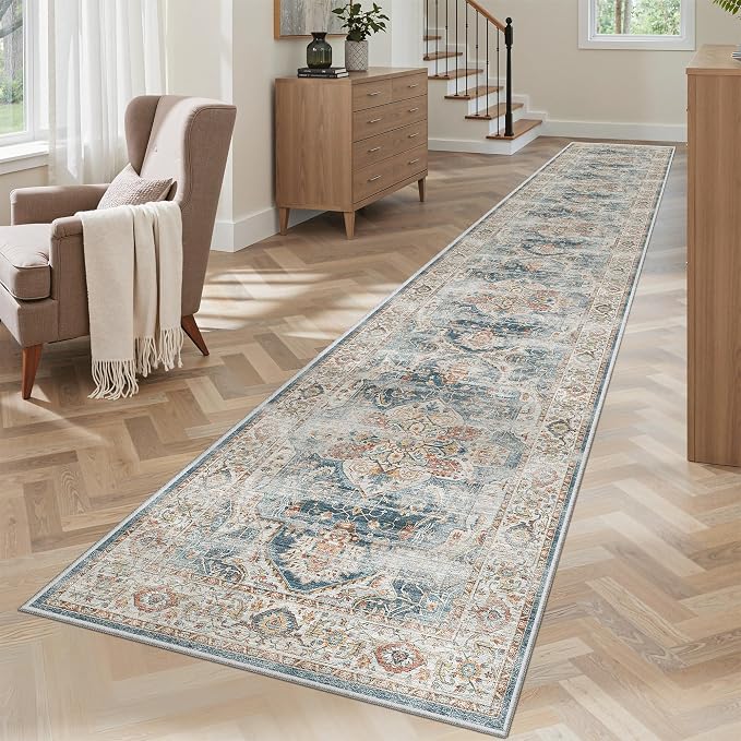 Madane Washable Runner Rugs 2x12 Long for Hallway Kitchen Soft, Navy | Non-Slip Vintage Printed 12ft Rug Runners with Rubber Backing, Low-Pile Floor Carpet Laundry Room Entryway, Corridor