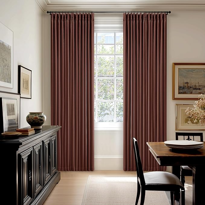 Chestnut Brown 100 Inch Floor Length Linen Blackout Curtains for Bedroom Pinch Pleated Black Out Thermal Insulated Window Drapes Light Blocking Double Layer Soundproof 100 Inch Curtain 2 Panels