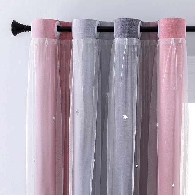 XiDi Curtains for Bedroom Decor, Rainbow Pink-Grey-52-45
