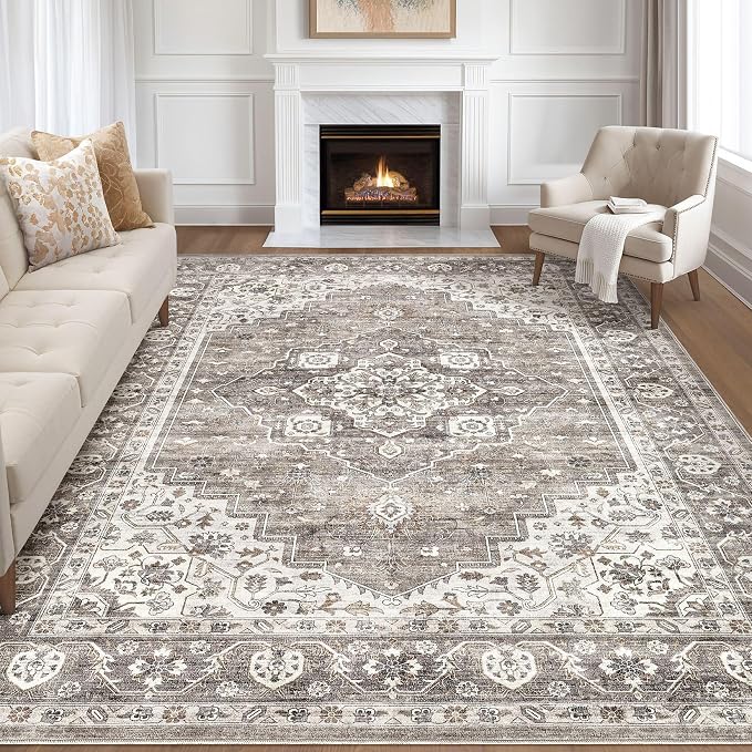 7x9 Area Rug Living Room: Washable Boho Large Neutral Vintage Soft Rugs Stain Resistant Farmhouse Non-Slip Indoor Rustic Floor Carpet for Bedroom Nursery Kids Playroom Office Dining Room- Dark Brown