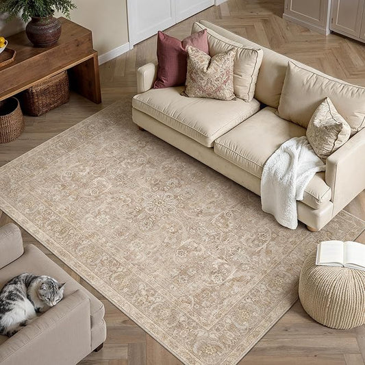 PureCozy Brown 3x5 Area Rug Entryway Washable Vintage Carpet Office Small Indoor Non Slip Soft Low Pile Thin Stain Resistant Distressed Accent Throw Rug for Entrance Bedroom Dining Living Room
