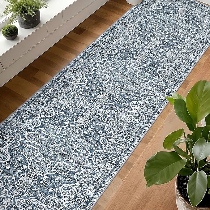 KUTA Extra Long Runners for Hallways 2.6x20ft Non-Slip Washable, Blue White Vintage Kitchen Rug, Stair Runners Indoor Ultra Soft Printed Floral Medallion Carpet for Bedroom Living Room Nursery