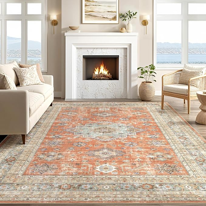 Vintage Living Room Area Rug 8x10 - Large Soft Washable Oriental Traditional Distressed Farmhouse Rugs for Bedroom - Indoor Floor Accent Carpet for Home Office House Decor - Orange